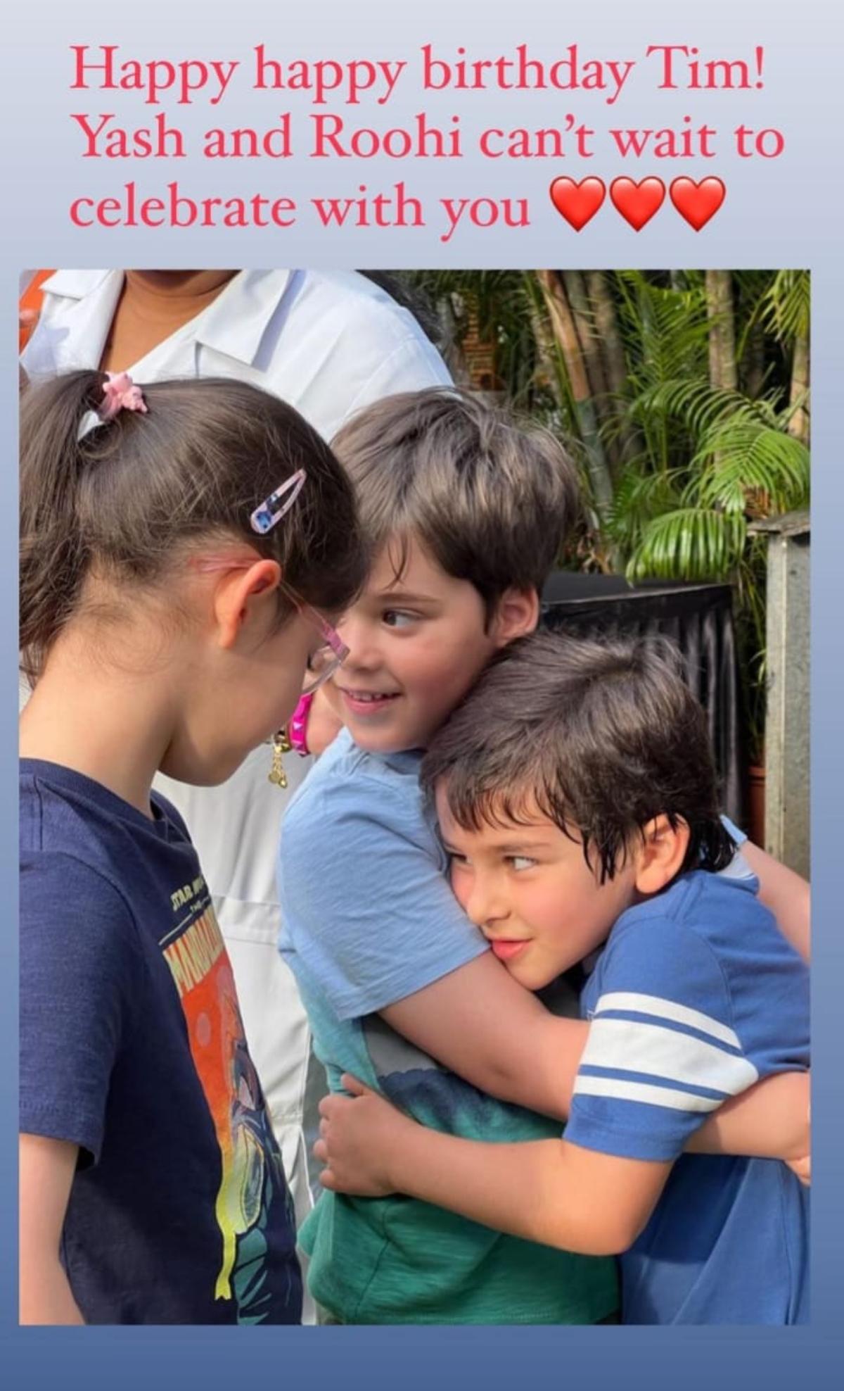 Ace Bollywood director and Kareena Kapoor`s closest friend, Karan Johar too dropped a cute photo which featured birthday boy, Taimur along with his kids, Yash and Roohi. "Happy happy birthday Tim! Yash and Roohi can`t wait to celebrate with you", wrote KJo with three red heart emojis.  See how Yash and Taimur are hugging each other. Awww...aren`t they cute? Ace Bollywood director and Kareena Kapoor`s closest friend, Karan Johar too dropped a cute photo which featured birthday boy, Taimur along with his kids, Yash and Roohi. "Happy happy birthday Tim! Yash and Roohi can`t wait to celebrate with you", wrote KJo with three red heart emojis.  See how Yash and Taimur are hugging each other. Awww...aren`t they cute?